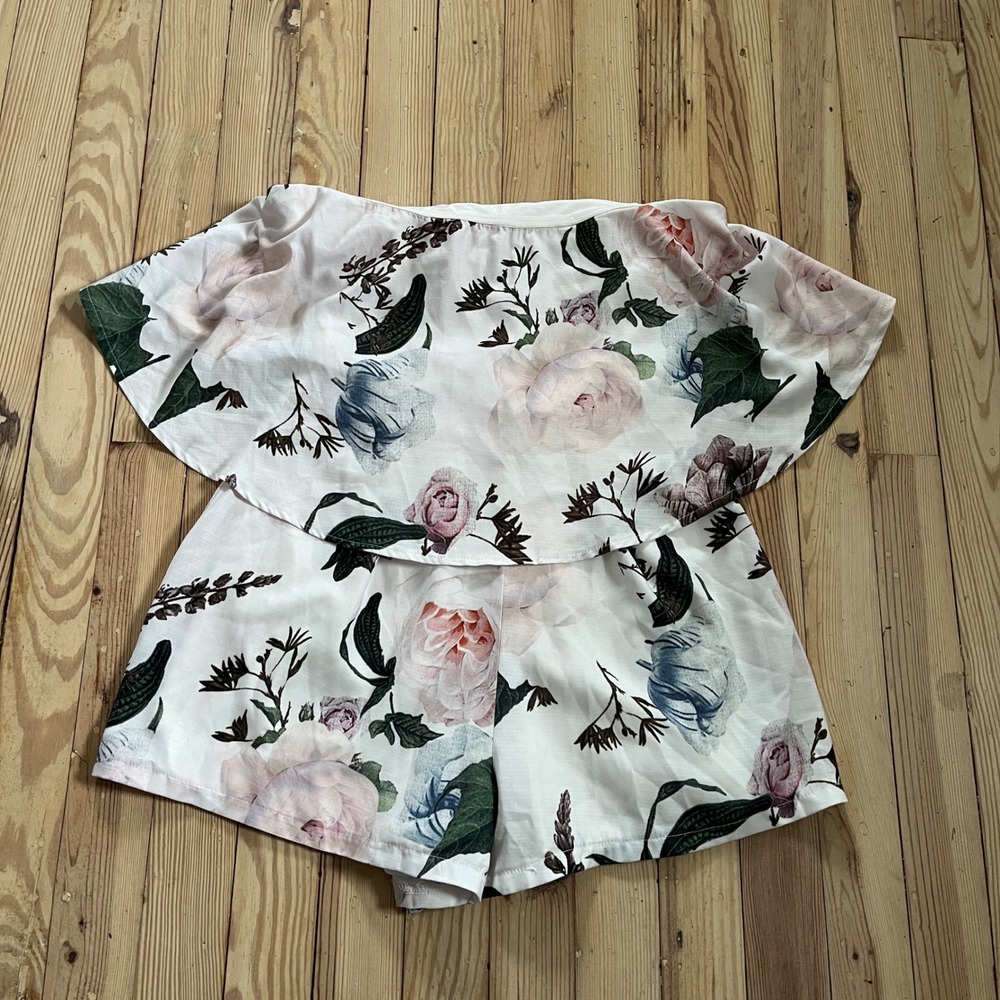 Charlotte Russe Floral Ruffle Off‎ Shoulder Romper White Pink Blue Green small